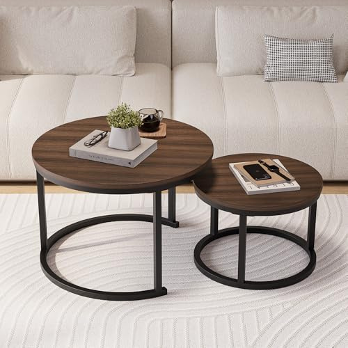 HOJINLINERO Round Nesting Coffee Table Set of 2,Stacking Sofa Side Table End Table, for Living Room, Bedroom, Office, Balcony, Apartment (Walnut)