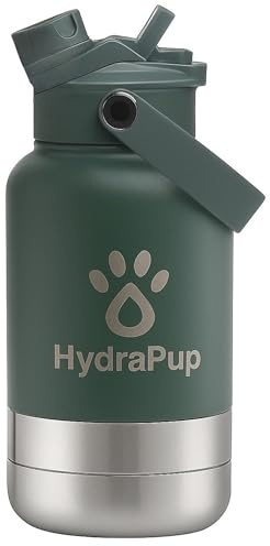 HydraPup 32oz Insulated Dog Water Bottle – Stainless Steel, Leakproof Travel jug Keeps Water Cold. Includes pet Bowls, Perfect for Hiking, Camping, and Outdoor Adventures with Your Dog (Forest Green)
