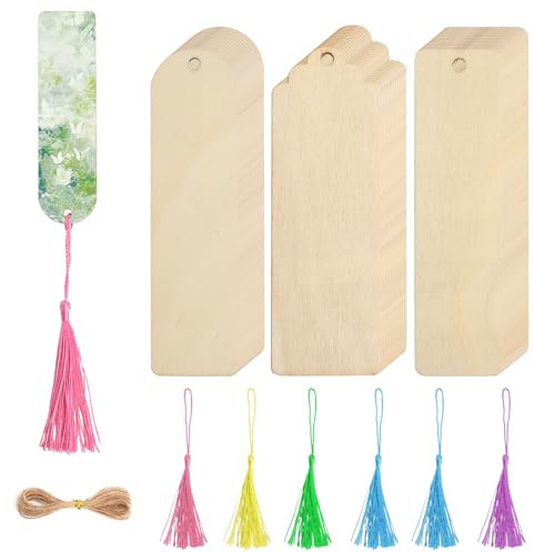 36PCS Holz Blanko Lesezeichen,DIY Holz Lesezeichen Set mit 5 Farben Quasten | Lesezeichens Basteln, für Handwerk, Geschenkanhänger, Partydekoration und Geschenke Personalisierte