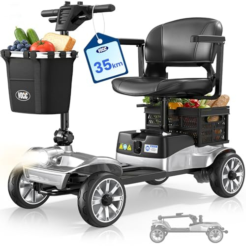 VOCIC D35 Seniorenmobil klappbar 35KM, Elektromobil für Senioren 136KG | 40L Doppelten Korb, mit 20CM großen Rädern, Mobilitätsroller, ergonomischer verstellbarer Sitz, abnehmbarer Akku, Grau Silber