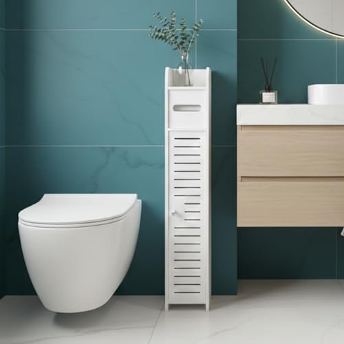Free-Standing Toilet Roll Holder with Storage Shelf – Waterproof Bathroom Tissue Cabinet with Crystal Handle, Small Space Organiser, White, PVC