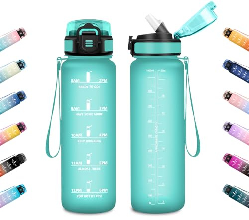 JAPORIA Bouteille 1L, Gourde Sport avec Paille et Marqueur de Temps, Anti-Fuite, Transparente, Ergonomique, Réutilisable, Gourde pour Course, Marathon