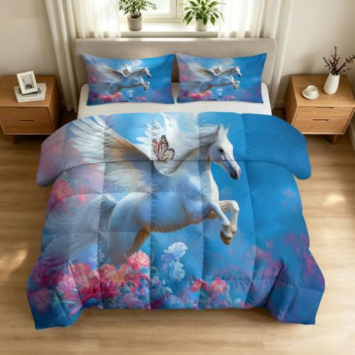 Påslakan 135 x 200 cm 4 årstider, Surrealismisk design, tvättbart täcke utan överdrag – blommor vit häst fjärilar mönster hudvänlig och bekväm året runt täcke med 2 örngott