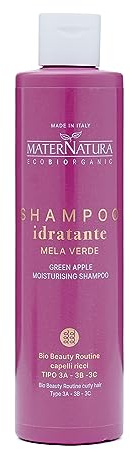 Maternatura, fuktschampo för lockigt hår med grönt äpple, lockande finish, anti-frizz-effekt, ekologisk skönhetsrutin för lockigt hår, tillverkad i Italien – 250 ml
