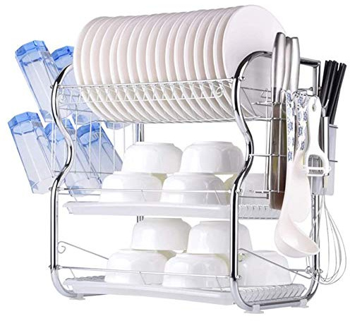 HUOLE Dish Rack, 304 Edelstahl 2 Tier Dish Drying Rack mit Abtropfbrett, Utensilienhalter, rostfreiem Geschirrablauf für Küchenarbeitsplatte(42 * 25 * 43,5 cm (Essstäbchenrohr + Getränkehalter))