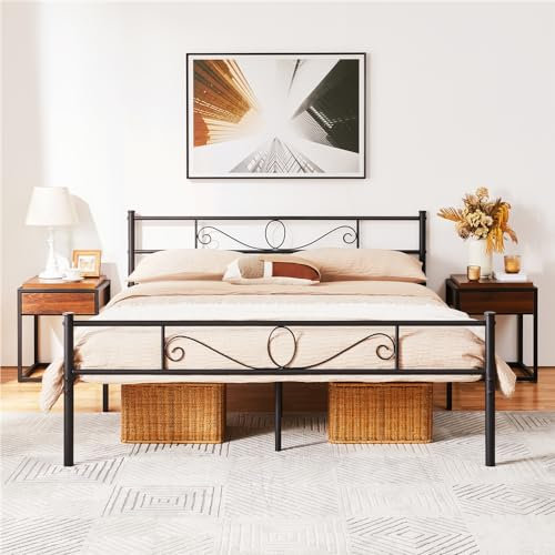 Yaheetech Struttura Letto Matrimoniale in Ferro Battuto a Doghe 160 x 200 cm Testiera Elegante in Metallo Stile Rustico Moderno Nero
