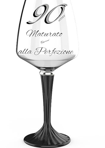 AmazinJ Calice con stelo nero in ceramica con anello in platino | Cristallo Made in Italy con scritta personalizzata | Regalo di compleanno unico e artigianale (90 anni)