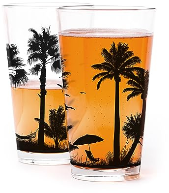 Black Lantern Tropical Beach Pint Glass Set of 2 – 16oz Screen Printed Beer Glasses – Coastal Ocean Landscape Drinking Glasses, Gift Boxed Barware