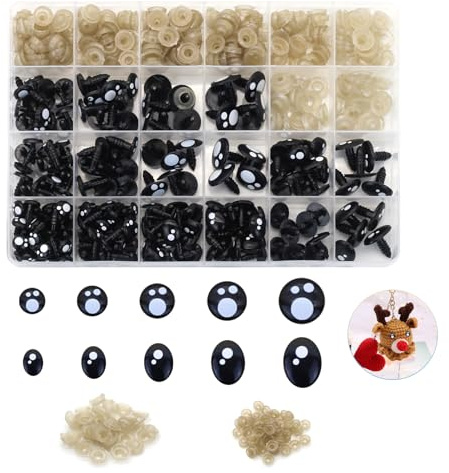 Meafeng 200 Stück Sicherheitsaugen, oval, aus Kunststoff, schwarz, Puppenaugen mit 200 Stück Unterlegscheiben, 7, 8, 10, 12, 14, 16 mm, Augen für Handwerk, DIY, Herstellung von Puppen, Plüschtiere