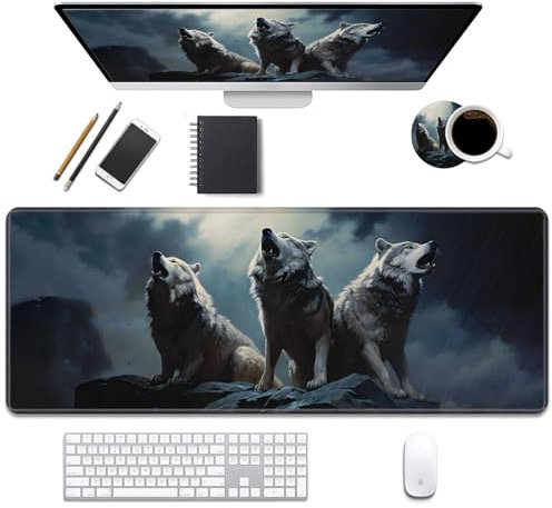 Schreibtischunterlage, Gaming-Mauspads mit Untersetzern, genähte Kanten, XL-Mauspad für Laptop, Computer, Wolf, heulender Schreibtisch, Schreibunterlage für Büro und Zuhause, 80 x 30 cm