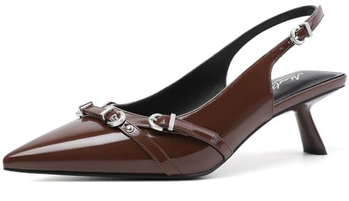 Mostrin Kitten-Absätze für Damen mit spitzem Zehenbereich, Pumps aus Lackleder, niedrige Absatzhöhe, Slingback-Absätze mit Schnalle, Kleidschuhe für Dating, Party, Arbeit, Dunkelbraun, 38.5 EU