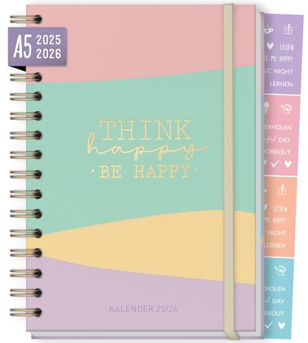 Häfft-Timer Fancy 2025/2026 A5 Be happy Schülerplaner mit Hardcover und Spiralbindung für Oberstufe, Ausbildung, Studium, Laufzeit Aug 2025 - Sep 2026 – nachhaltig & klimafreundlich