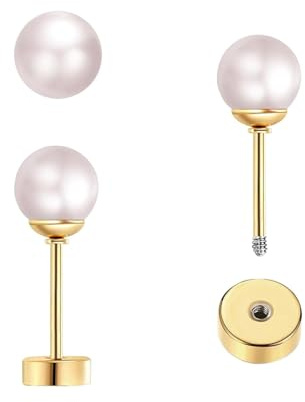 Kleine Perle Ohrstecker mit Flachen Schraube zurück, Perle Knorpel Helix Tragus Ohrringe 316L Chirurgische Edelstahl Knorpel Piercing Täglich Schmuck Geschenk für Frauen Mädchen (Gold, 4mm)