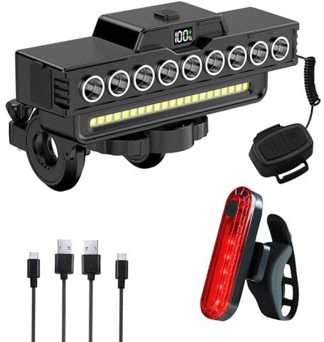 Rechargeable Waterproof Bicycle Headlight with Horn, 9 LEDs and 7 Modes, IPX5 Waterproof, Long Battery Life with Power Display, Easy Install for Night Riding & Mountain Cycling