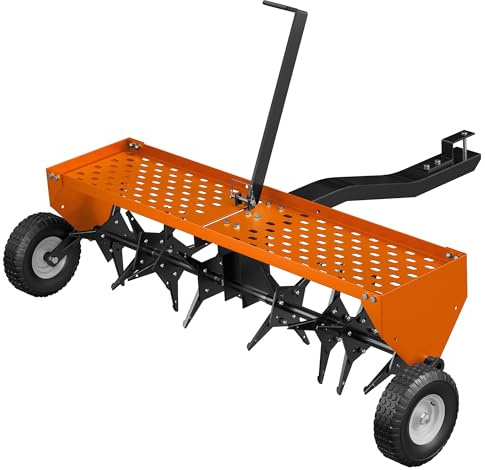 ouluu 48 Lawn Aerator Tow Behind, Pull Behind Aerator with Universal Hitch, 32 Galvanized Steel Tines, Tray and Pneumatic Tires, Plug Behind Aerator is Suitable for Gardens, Lawns and Farms