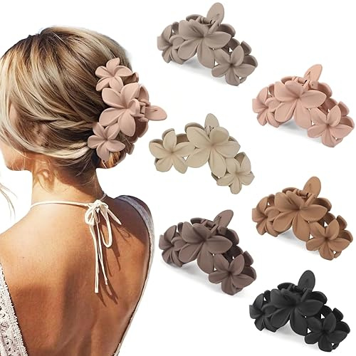 THXFUNAREA 6 pinces à cheveux fleurs pour femme, Pince cheveux plate pour cheveux épais, fins et bouclés, grand bec de canard mat, tenue solide
