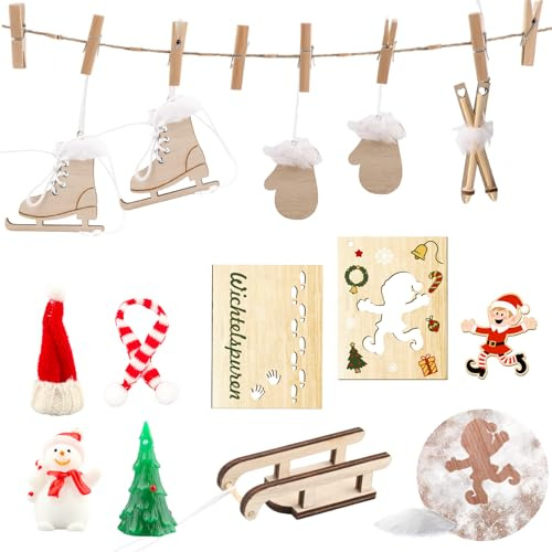 Szhhrxi Set de 12 Accesorios Navideños para Puerta de Elfo | Miniesquís en Miniatura, Casa de Muñecas y Árbol de Navidad | Incluye Kit DIY con Nieve y Huellas Mágicas​ (A)