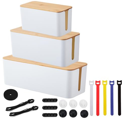 NGOSUET Kabelbox Weiß 3er Set mit Bambus Deckel, 3 Größe Kabelmanagement Box, Kabel Organizer Box, Kabel Aufbewahrungsbox für Kabelorganisation und Verstauung, Groß, Mittel, Klein
