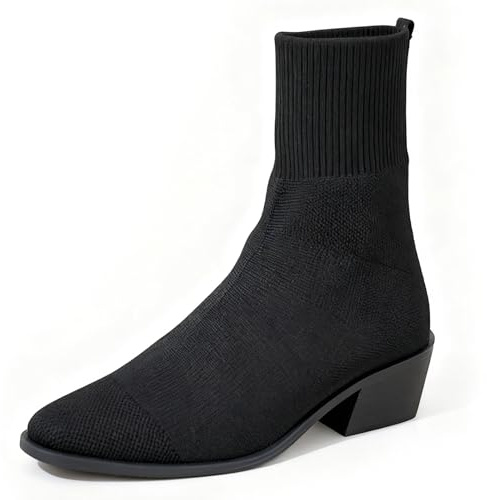 XHOGNLS Sock Ankle Boots For Women'S Knit Chunky Low Heel Stretch Bootie Fashion Breathable Comfortable Almond-Toe Block Heeled Slip On Elastic Dress Chelsea Boots For Fall & Winter (Black,9)