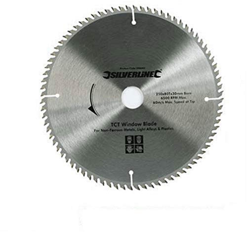 Silverline, 598444, Lama per sega circolare per finestre in PVC, 80 denti, 250 x 30 mm, Manicotto di riduzionee: 25, 20 e 16 mm