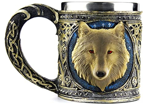 Ezeso Wolf-Reisebecher für Tee, Wein, Bier, aus Edelstahl und Harz, edelstahl Kunstharz, Mug