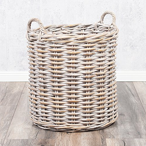Rattankorb BAKUL rund White 50cm Durchmesser mit Griffen Pflanzkorb Inlay Aufbewahrungskorb Korb