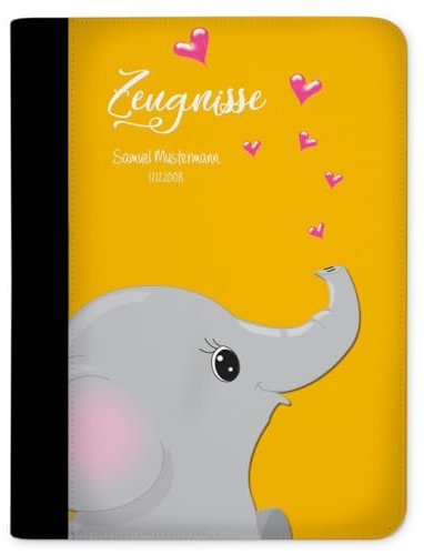 CreaDesign Customize A4 Zeugnismappe für Kinder 26,7x32,7x1 cm, Sichtbuch mit 10 Klarsichthüllen, erweiterbar auf bis zu 20 Taschen, Elefant Gelb design, Dokumentenmappe für Schüler