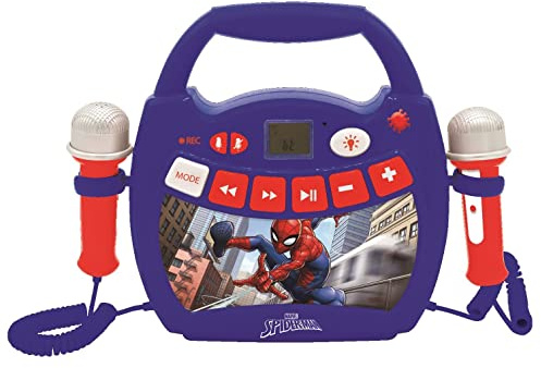 Lexibook- Spiderman-Lecteur Musical karaoké Portable pour Enfant avec micros et Effets Lumineux, Bluetooth, USB, Fonctions Enregistrement et Changement de Voix, Marvel, Bleu/Rouge, MP300SPZ