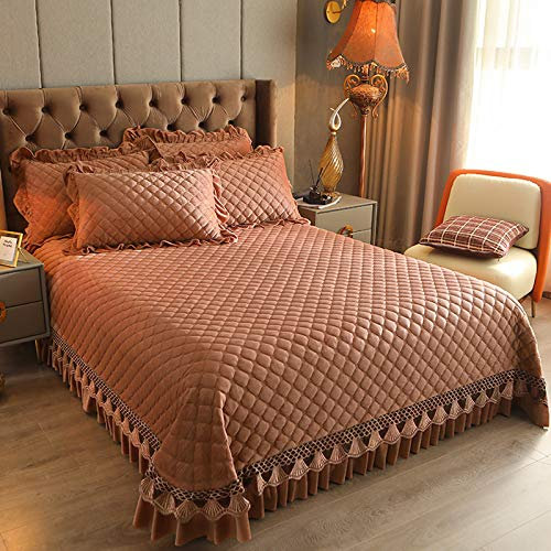 CXLT Luxus Kristall Samt Tagesdecke/Bettueberwurf Baumwolle Gesteppte Bettdecke 3-teilige Bettwäsche Set Spitze Dekoration Dickes Bettlaken Mit 2 Kissenbezügen,Brown-SuperKing:250x270cm+50x70cmx2
