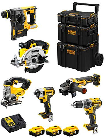 DeWALT Kit DWK600 (DCD796 + DCH273 + DCG405 + DCF887 + DCS331 + DCS391 + 3 Baterías de 5,0 Ah + Cargador + Carro 3en1)