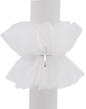 ZauberDeko Kerzenrock Kommunion Kerze Organza Kreuz Kerzenring Kommunionkerze Weiß