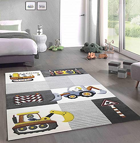 CARPETIA Teppich Kinderzimmer Baustelle schilder Bagger Kran Creme grau gelb Größe 160x230 cm