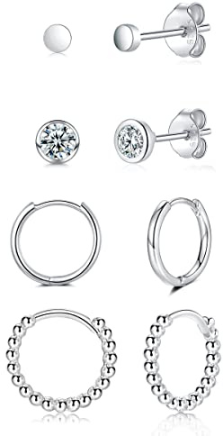 WOVEE Ohrringe Set Silber/Gold/Rosegold/Schwarz Rund Ohrstecker Zirkonia & Creolen 925 Vergoldet Damen Herren Mädchen 3mm 4mm 10mm 12mm