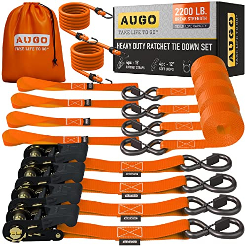 AUGO Ratchet Tie Down Straps –4 PK– 15 FT – 2,200 LB Break Strength – Safety Lock S Hooks –for Moving Cargo, Appliances, Lawn Equipment, Motorcycle – Includes 2 Bungee Cords, 4 Soft Loops, Storage Bag