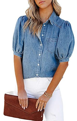 Blouse Femme, Chemisier en Jean À Manches Courtes pour Femmes Chemisier À La Mode Bleu Clair Délavé Chemises À Col en V Hauts Doux Manches Bouffantes Lâches Chemisiers Boutonnés Tuniques Él