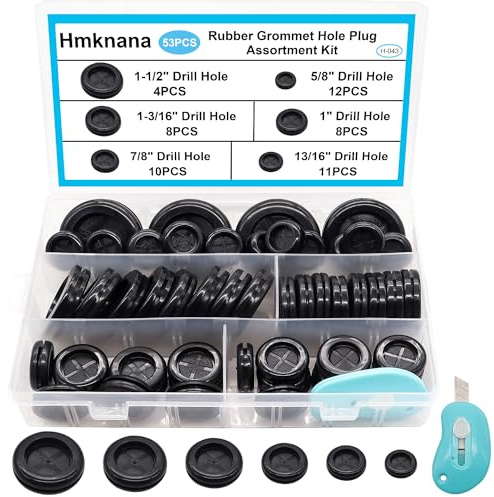 Hmknana 53PCS Rubber Grommets for Wiring, Rubber Grommet Kit in 6 Assorted Drill Hole Sizes 5/8 13/16 7/8 1 1-3/16 1-1/2, Two-Sided Rubber Hole Plug for Protecting Wires