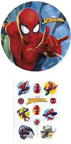 Dekozauber24 2er Set Spiderman Essbarer Tortenaufleger 20cm + 12x essbare Muffinaufleger, vegetarisch, zuckerfrei, glutenfrei, Tortendeko für Kindergeburtstag