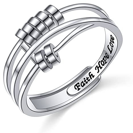HOOHWE Anxiety Anti-Stress Ring Damen Silber 925 Faith Hope Love Fidget Inspirierend Statement Versprechen Schmuck Geschenk für Frauen