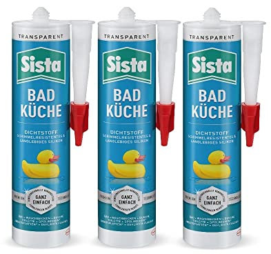 SISTA BAD KÜCHE transparent, Dichtstoff, schimmelresistent ausgestattetes, langlebiges Silikon für Küche und Bad, wasserdichter Fugenfüller, 3x280ml Kartusche