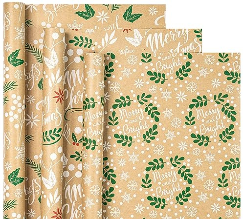 RUSPEPA Kraft-Weihnachts-Geschenkpapierrolle – Mini-Rolle – 3 Rollen – 43,2 x 305 cm pro Rolle – Weihnachtsblätter und „Meery Christmas“ usw. Schriftzug-Weihnachtskollektion