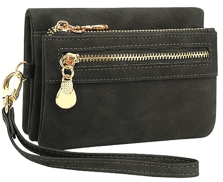 Monedero Mujer Pequeño Cartera de Mujer 100% Cuero Vegano Billetera Corto con Bolsillo de Cremallera para Monedas, Monederos Tarjetero Mujer con Ranuras para Tarjetas y Pulsera Extraíble (Negro)