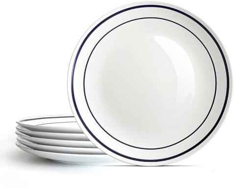 YFWOOD Keramik-Speiseteller, 20,3 cm, zeitgenössisch, rund, Porzellan, geeignet für Desserts, Vorspeisen, Nudeln, mikrowellengeeignet, Weiß und Blau, Doppel-Linie, 6 Stück