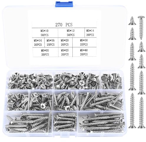 270 Pcs M5 Wood Screws Assortment Kit, Flat Head Phillips Self Tapping Screws, Assorted Countersunk Screws Drywall Screws for Wood, Furniture, Sheetrock, Repairs, DIY Project - Silver