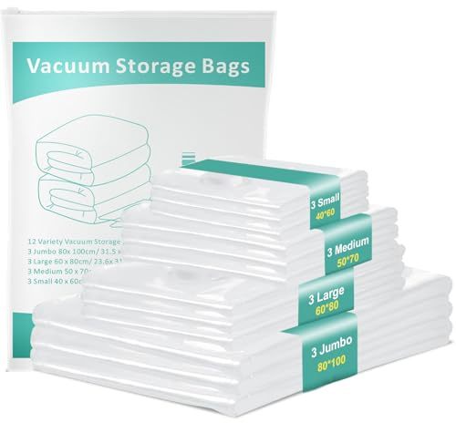 12 Vacuum Storage Bags, Saving 80% Space, 4 Different Size, Thickened Double Zip Seal And Leak-Proof Valve, Environmental Protection And Moisture Can Be Reused, Suitable For Clothing Bedding Pillow