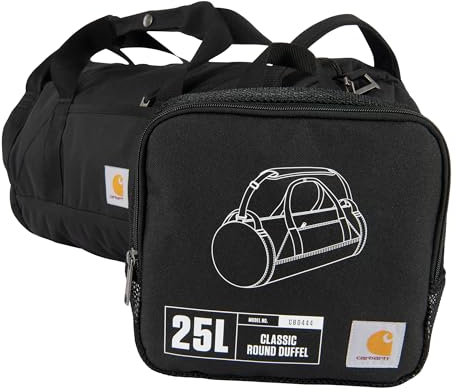 Carhartt Klassische runde Reisetasche mit Mehrzwecktasche, strapazierfähig, wasserabweisend, verstaubar, für Baustelle, Fitnessstudio und Reisen, Schwarz, 25L, 25 Liter