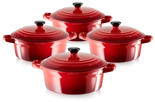 KHG Auflaufform mit Deckel 4er-Set, rot 0,5 L klein, Mini-Cocotte