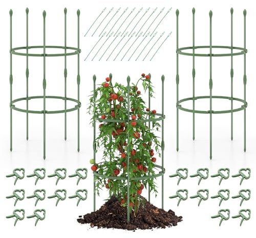 COSTWAY 2/3 Pack Garden Plant Supports, Height Adjustable Metal Plant Cage with Plant Tie & Clips, Vertical Tomato Trellis for Climbing Plants Vines Flowers Vegetables (3 Pack, 102cm Tall)