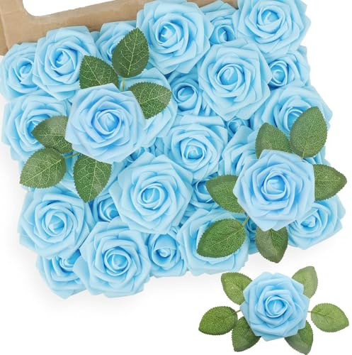 N&T NIETING Künstliche Rosen Blumen, 25 Stück Fake Rosen, Babyblau | Schaum Rosen mit Stämmen DIY für Hochzeit Brautsträuße, Party, Valentinstag, Muttertag, Baby Dusche, Home Dekorations
