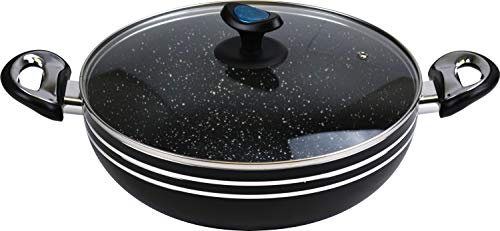 Catergold Non-Stick Wok Karahi Pan with Glass Lid Aluminium Flat Bottom (28cm Side Handles)