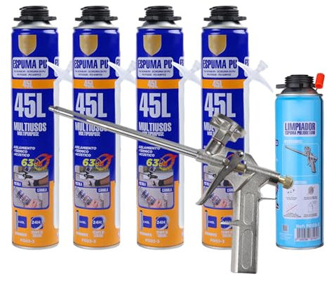 Kit Completo para Aplicación de Espuma de Poliuretano - Incluye 4 Botes de 750 ml, Pistola de Aplicación y Limpiador de Espuma de 500 ml - Perfecto para Sellado y Aislamiento